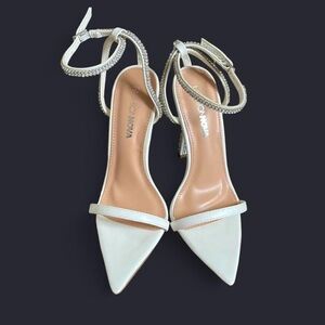 White heels with silver rhinestones